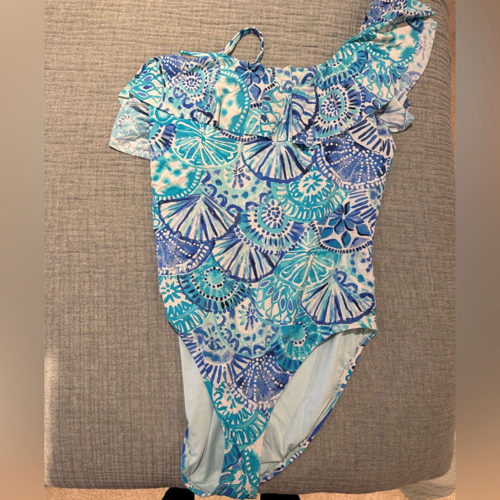 Lilly Pulitzer Blue and White One-Shoulder Swimsuit